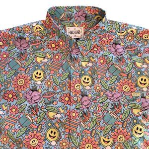 RSVLTS Happy Dazed Mens 2XL Earth Button Up Shirt Nature Smiley Groovy Flowers